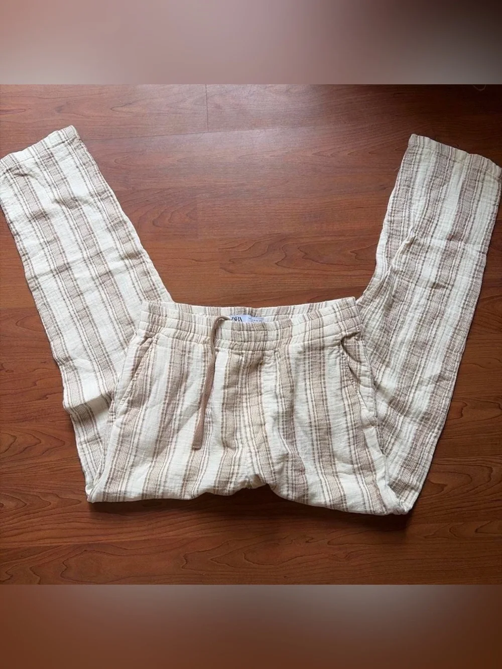 Zara Cream Striped Drawstring Joggers